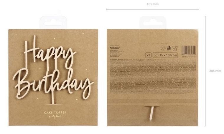 Partydeco, topper drewniany, Happy Birthday, 16,5 cm