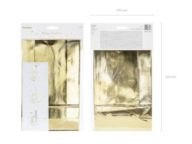 PartyDeco, torebki na prezenty, złote, 18.5-28.5-8 cm, 3 szt.