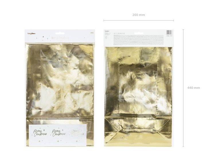 PartyDeco, torebki na prezenty, złote, 25-38-11 cm, 3 szt.