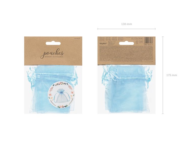 PartyDeco, woreczki z organzy, błękit, 10 cm, 10 szt.