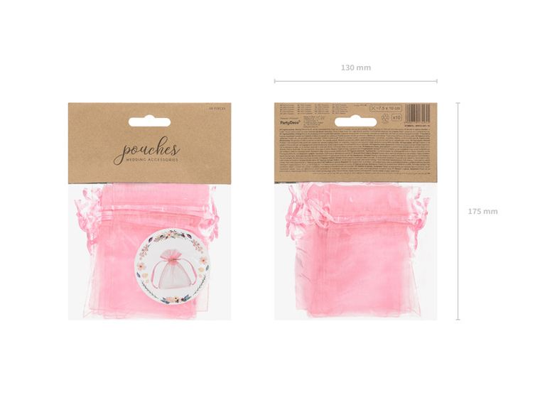PartyDeco, woreczki z organzy, różowy, 10 cm, 10 szt.
