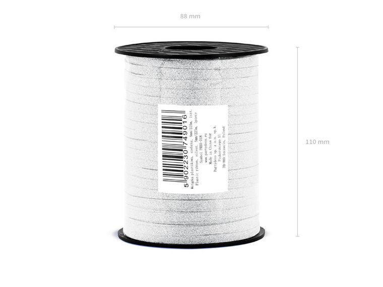 PartyDeco, wstążka ozdobna plastikowa do dekoracji prezentów, srebrny, 5 mm, 225 m