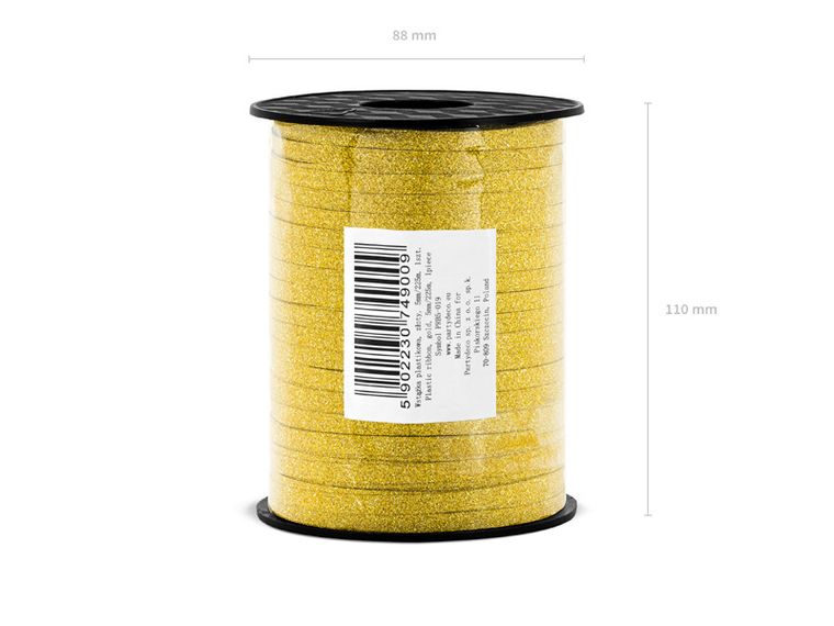 PartyDeco, wstążka ozdobna plastikowa do dekoracji prezentów, złoty, 5 mm, 225 m