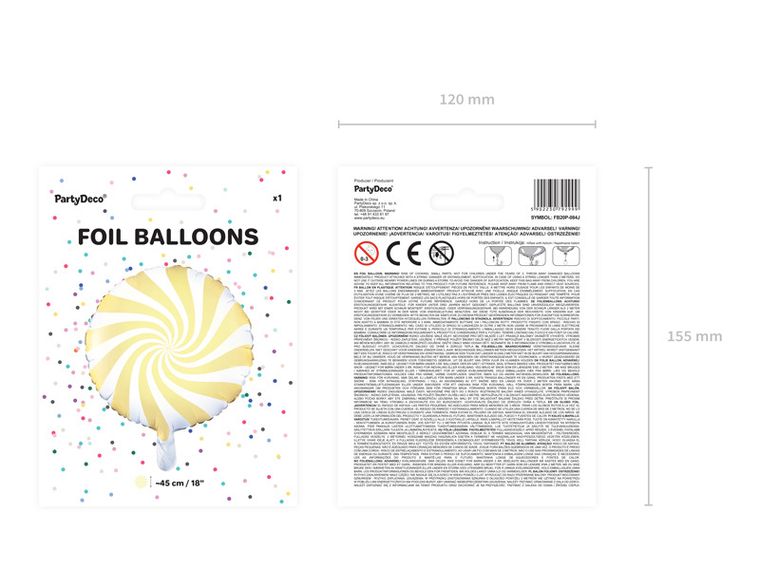 PartyDeco, Yummy, balon foliowy, cukierek, 45 cm, jasno-żółty
