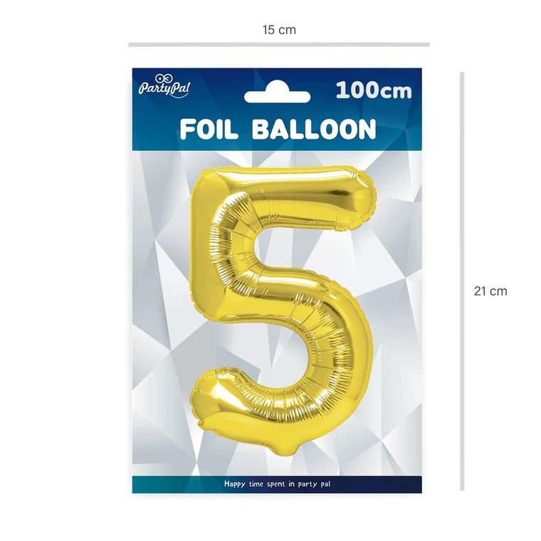 PartyPal, balon foliowy, cyfra 5, złota, 100 cm