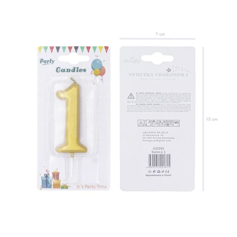 PartyPal, świeczka urodzinowa, cyfra 1, złota