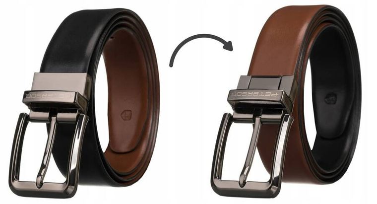 Pasek męski, dwustronny, czarno-brązowy, skórzany, Peterson