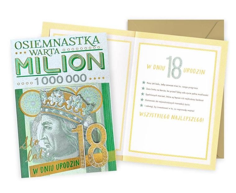 Passion Cards, karnet, Urodziny 18 Cyfry, Osiemnastka, Banknot