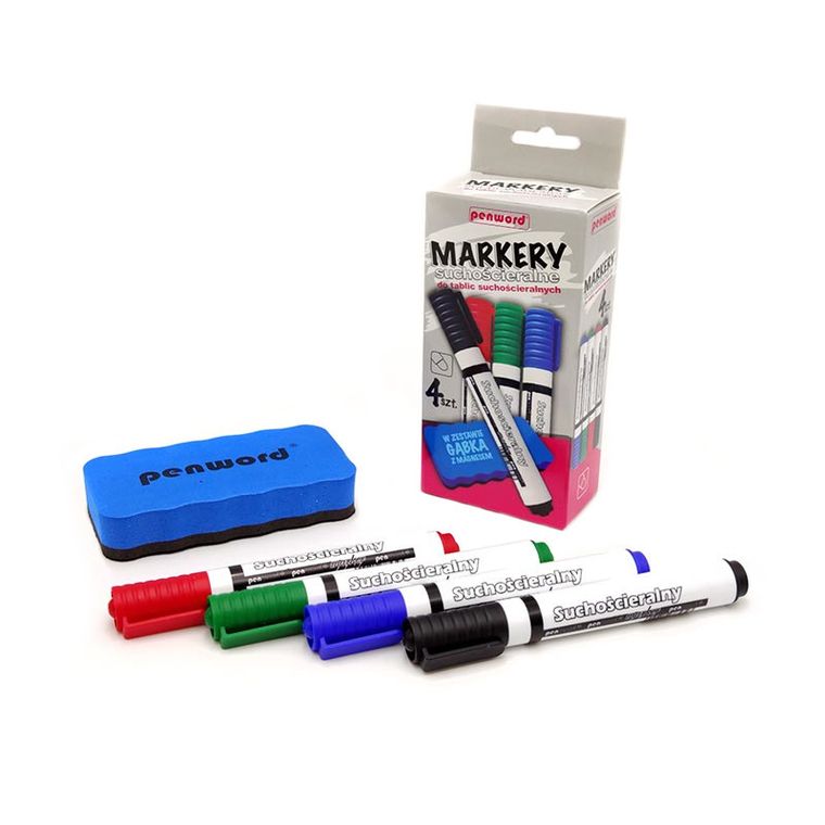 Penword, markery suchościeralne, 4 kolory + gąbka