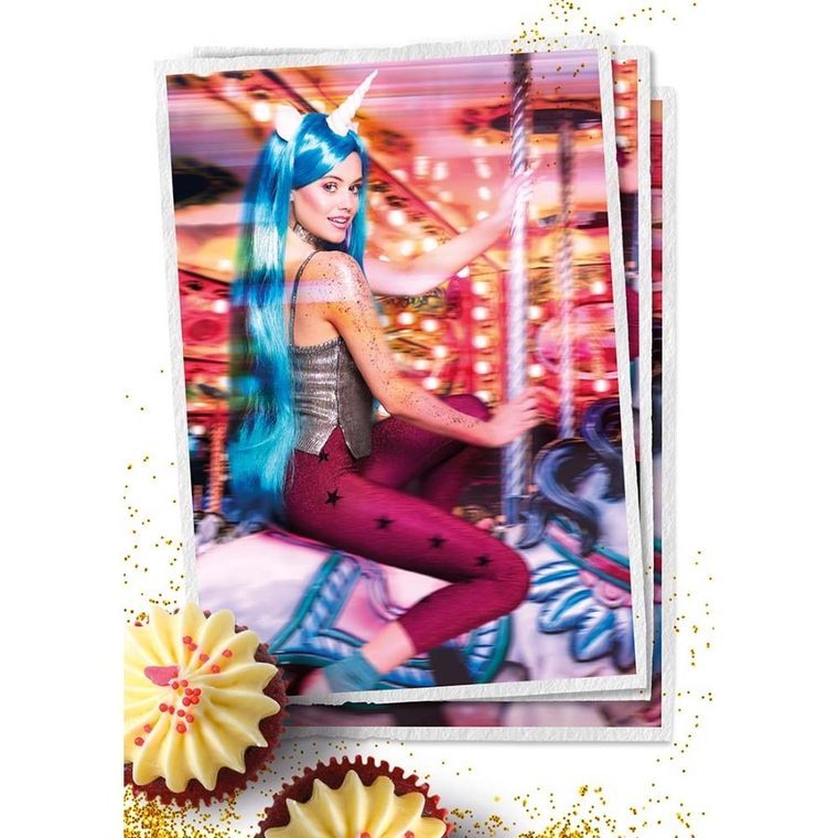 Peruka długa, jednorożec, niebieska z białym rogiem i uszami