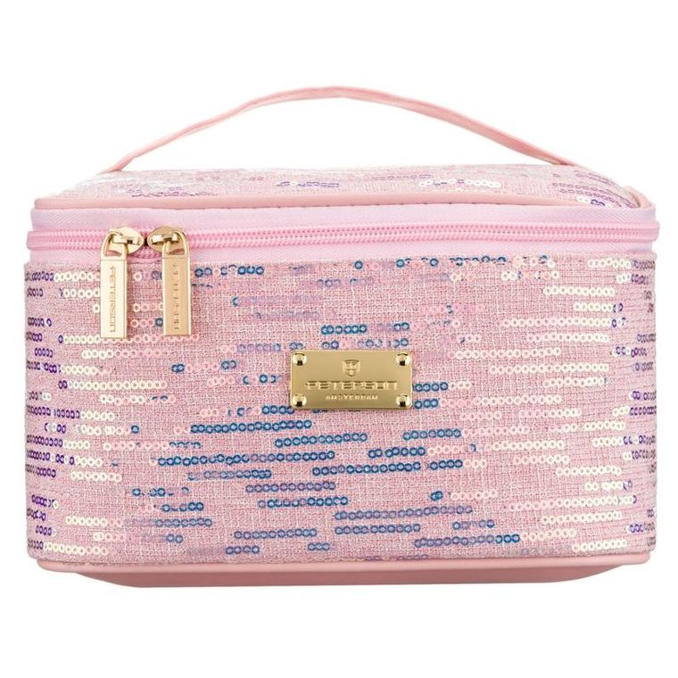 Peterson, kosmetyczka kuferek, cekinowa, różowa