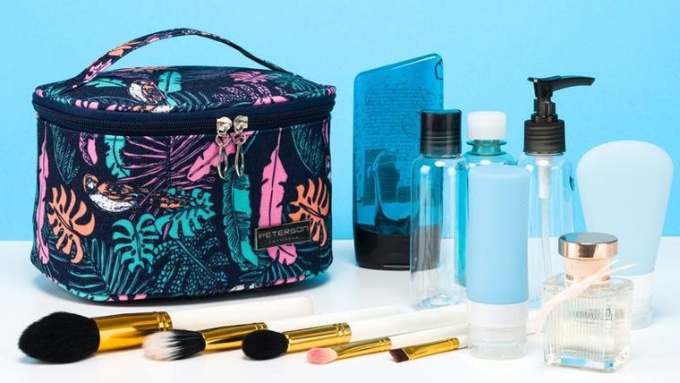 Peterson, kosmetyczka kuferek, granatowa z botanicznym wzorem