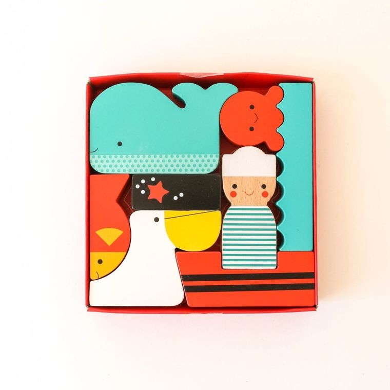 Petit Collage, At Sea, drewniane puzzle figurki, 8 elementów