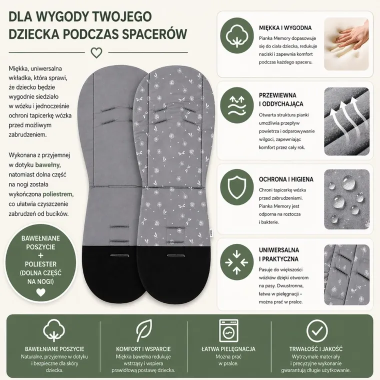 Petite&Mars, dwustronna wkładka do wózka, bawełniana, grey dragonfly