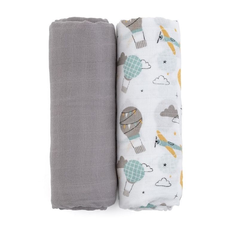 Petite&Mars, Misty, otulacz z muślinu bambusowego, Grey Planes, 120-120 cm, 2 szt.