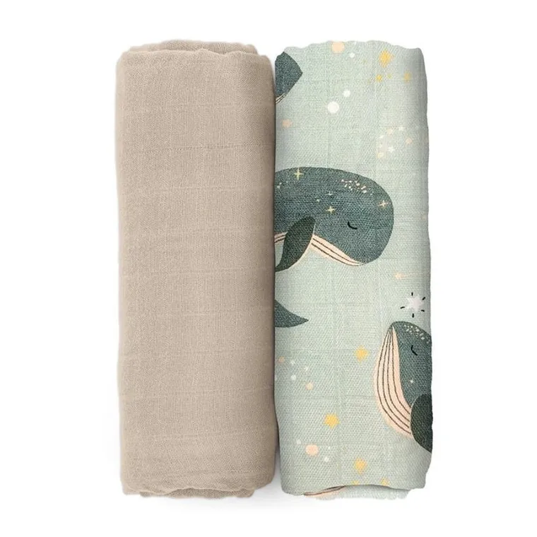 Petite&Mars, Misty, zestaw otulaczy z muślinu bambusowego, Whale Song, 120-120 cm, 2 szt.