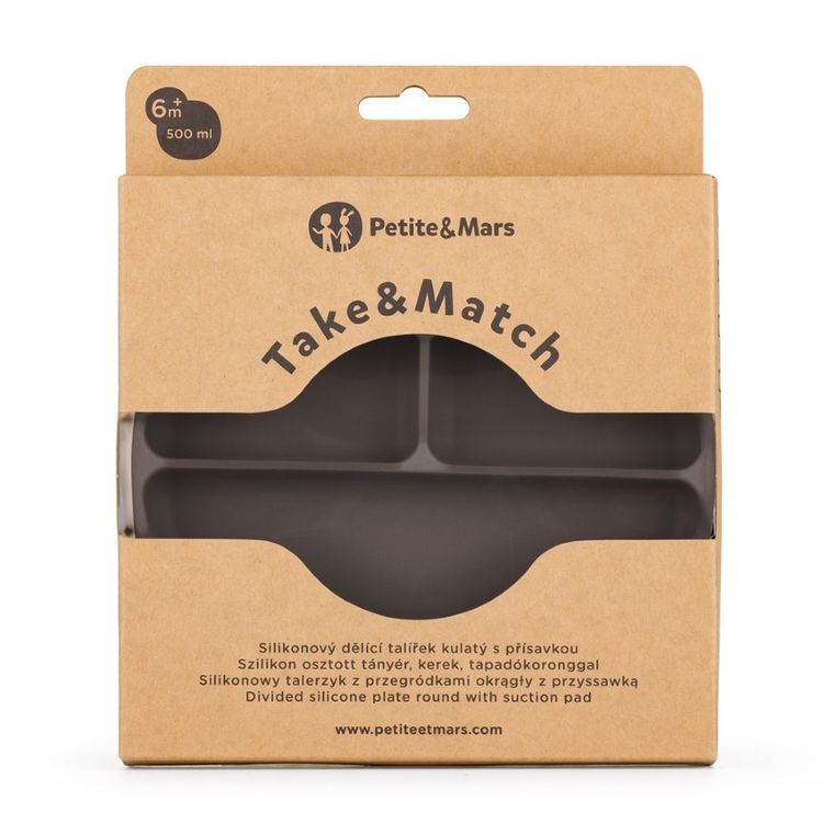 Petite&Mars, Take&Match, silikonowy talerzyk z przegródkami, okrągły, Bitter Cocoa, 6m+