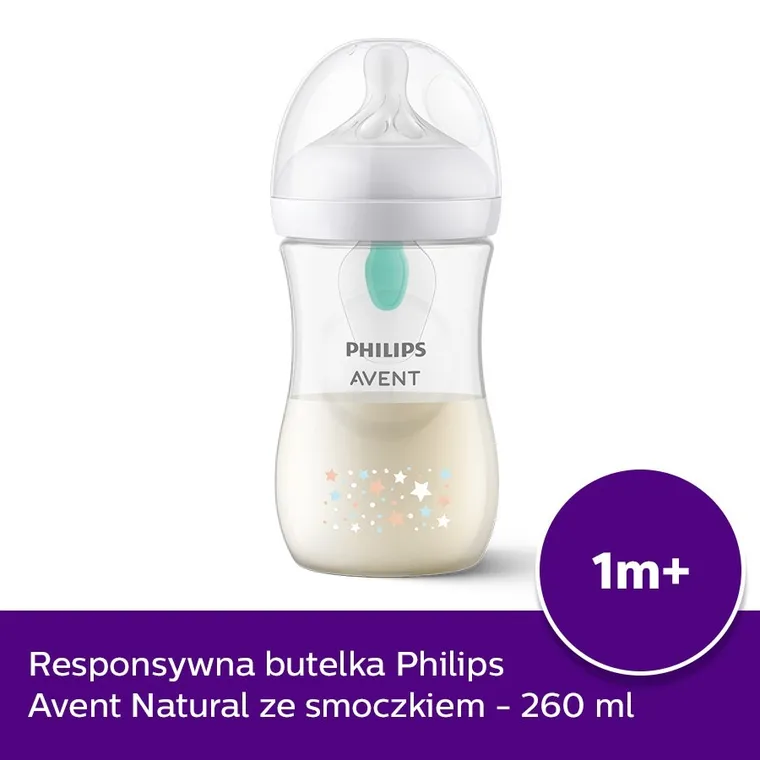 Philips Avent, Responsywne Butelki Natural, Air Free, Gwiazdki, butelka z wentylem, 1m+, 260 ml