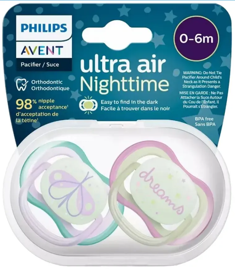 Philips Avent, Ultra Air, Night, smoczek uspokajający, girl, 0-6m, 2 szt.