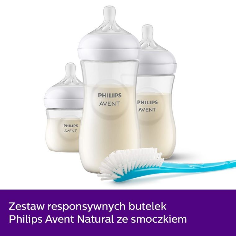 Philips Avent, zestaw startowy, Responsywne Butelki Natural, 3 szt. + szczotka do czyszczenia butelek