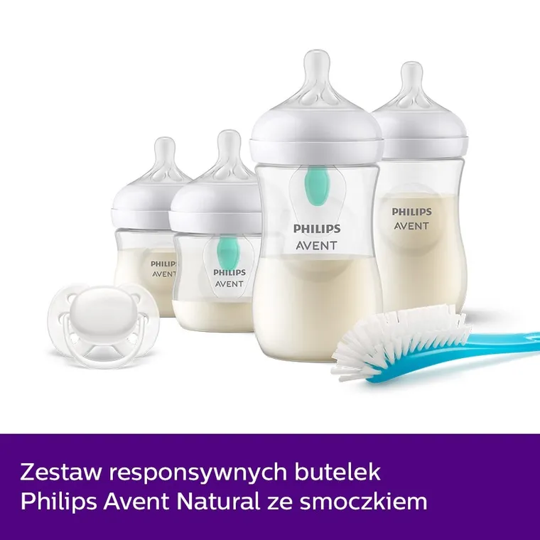 Philips Avent, zestaw startowy, Responsywne Butelki Natural, 4 szt. + szczotka do czyszczenia butelek + smoczek do butelki Ultra Air