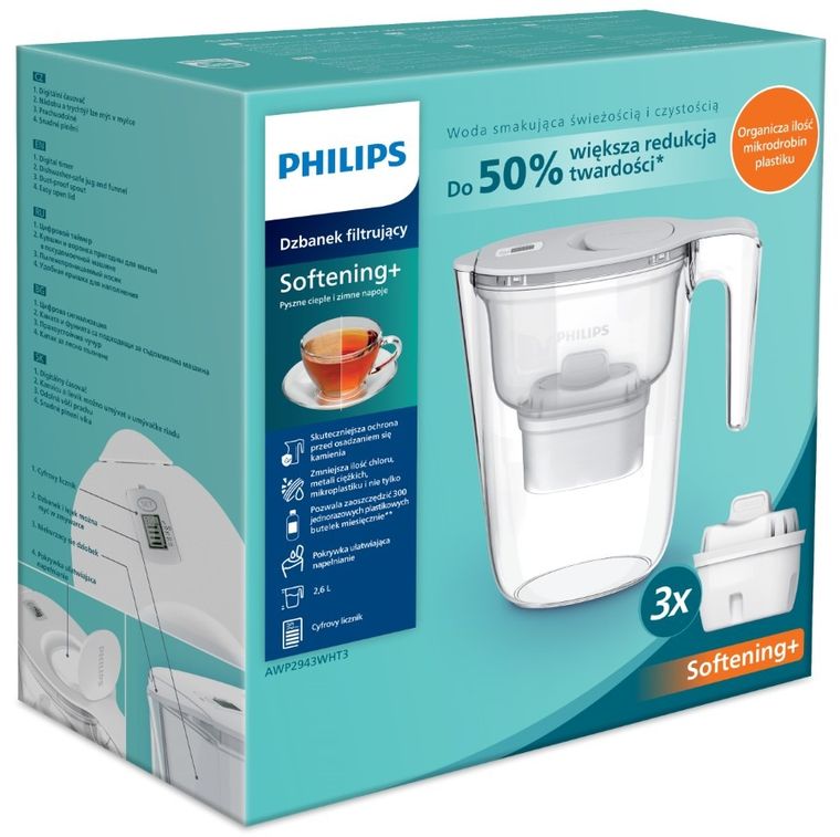 Philips, dzbanek filtrujący, biały, 2,6l + filtry, 3 szt.