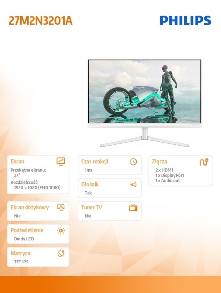 Philips, monitor, 27", 27M2N3201A, IPS, 180Hz, HDMIx2, DP, Pivot, głośniki