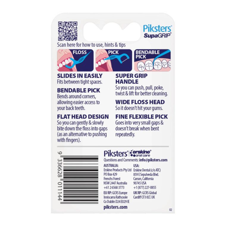 Piksters, SupaGRIP Smooth Floss, niciowykałaczki do czyszczenia przestrzeni międzyzębowych, 40 szt.