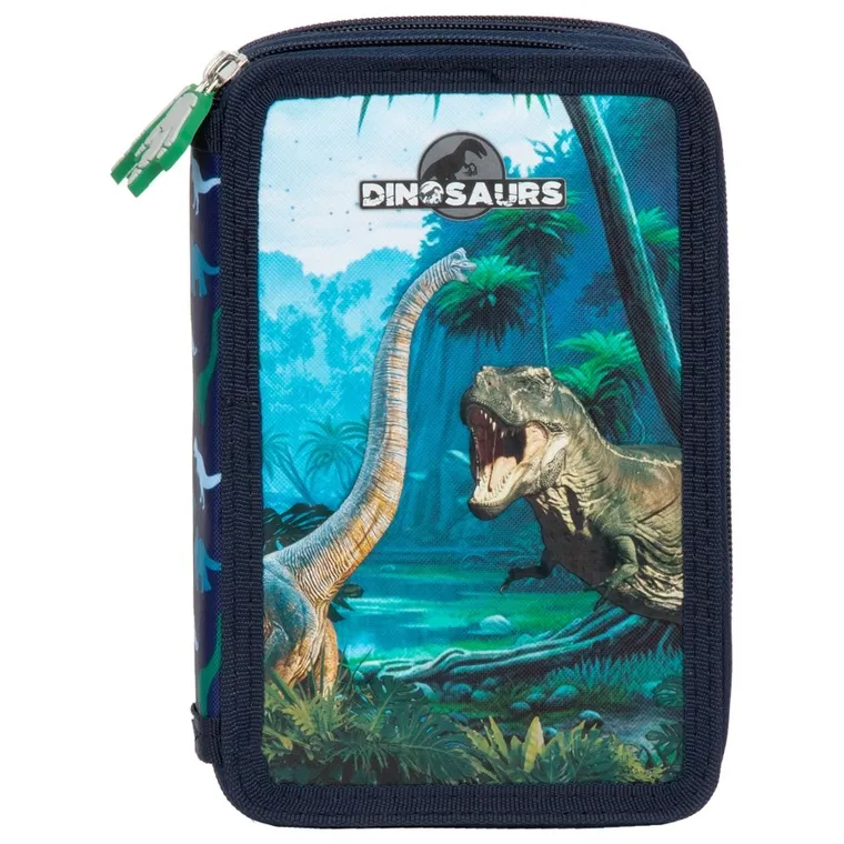 Piórnik rozkładany, podwójny, z wyposażeniem, Dinozaur