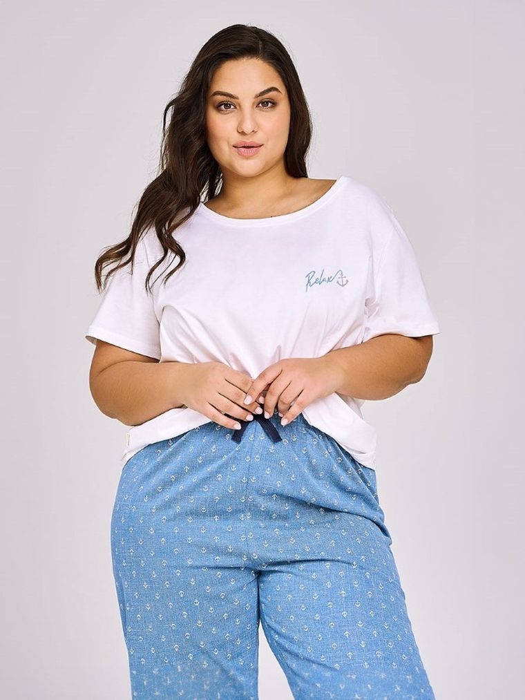 Piżama damska, plus size, biało-niebieska, Taro