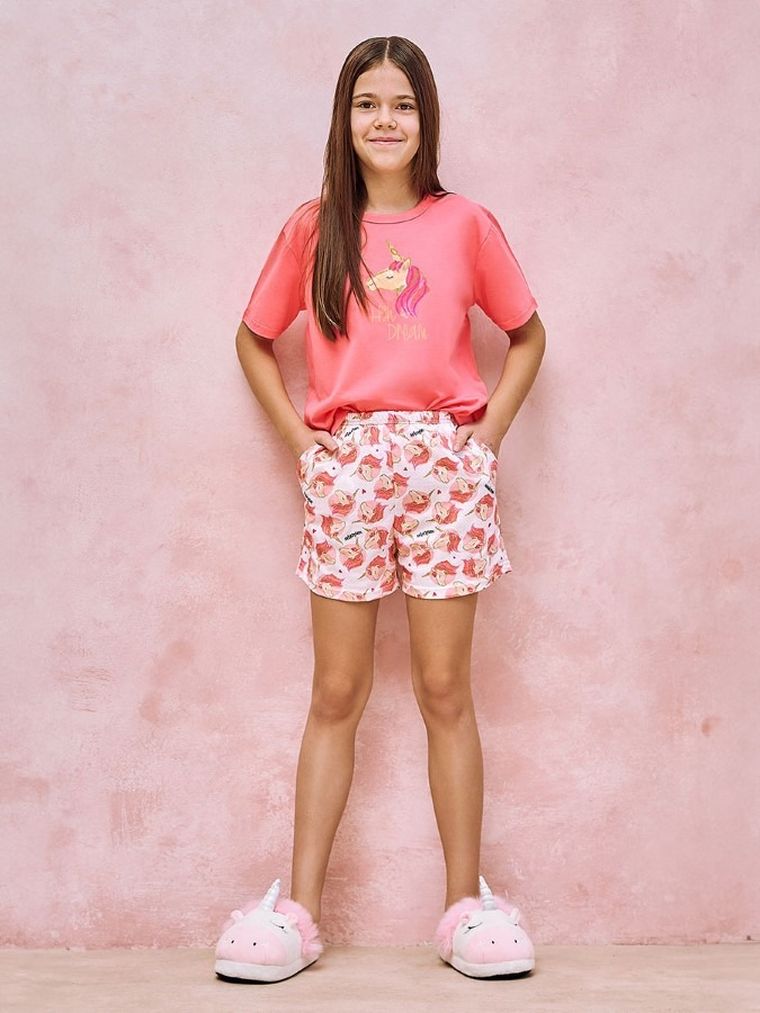 Piżama dziewczęca, koralowo-biała, Taro