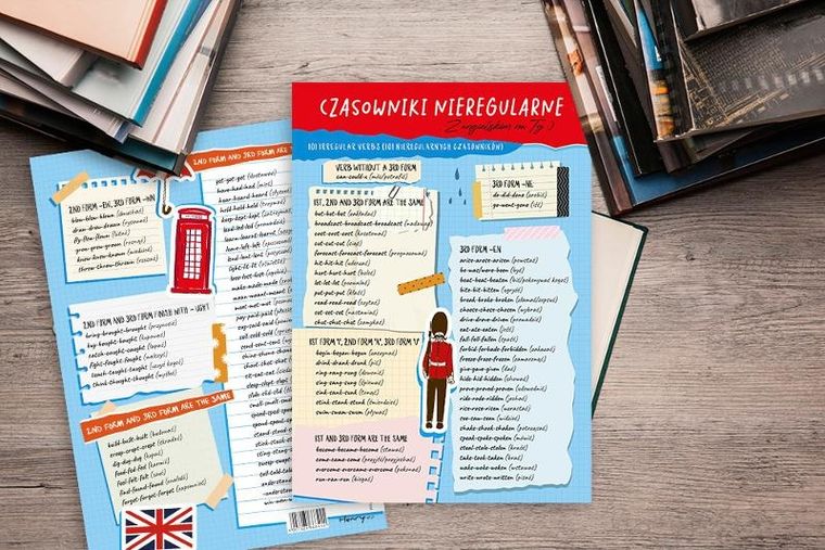 Plansza edukacyjna A4, dwustronna, język angielski, czasowniki nieregularne