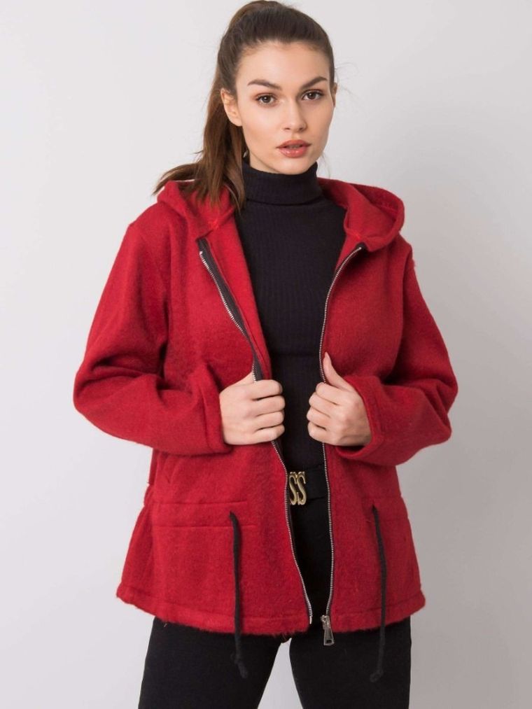 Płaszcz damski z kapturem, bordowy, Italy Moda