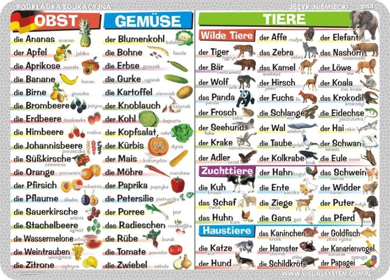 Podkładka na biurko, mata, dwustronna, Die Verkhersmittel, die Zahlen, die Tage, die Monate, wie spt es?, das Obst, das Gemse, die Tiere