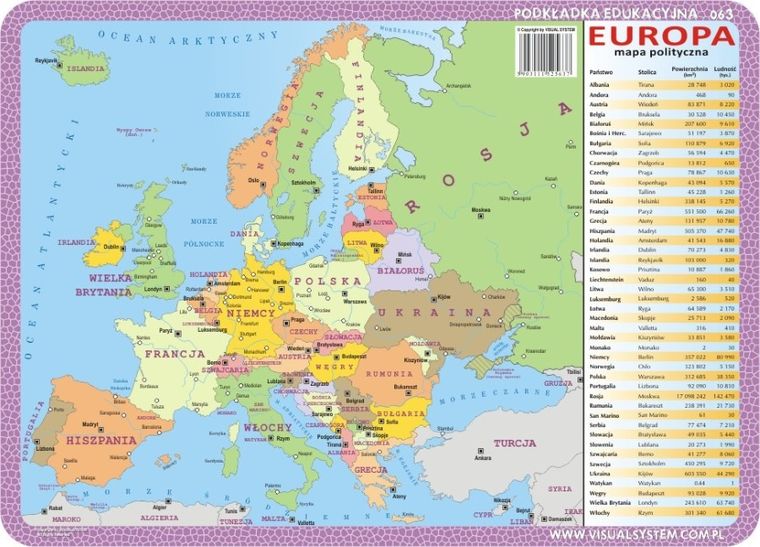 Podkładka na biurko, mata, dwustronna, mapy Europy: fizyczna, polityczna