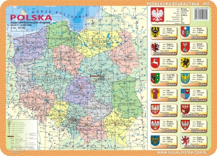 Podkładka na biurko, mata, dwustronna, mapy Polski: zalesienia, gęstość zaludnienia, administracyjno-drogowa Polski z herbami i danymi województw