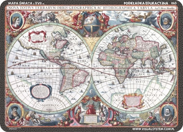 Podkładka na biurko, mata, dwustronna, Mapy świata z XVI i XVII w.