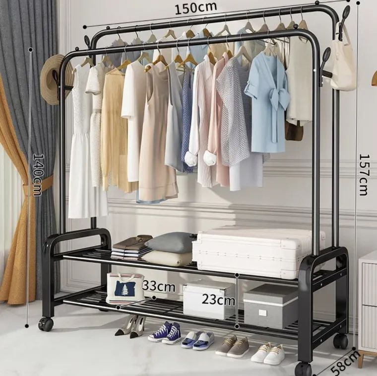 Podwójny, wolnostojący wieszak na ubrania, czarny, 150-157 cm