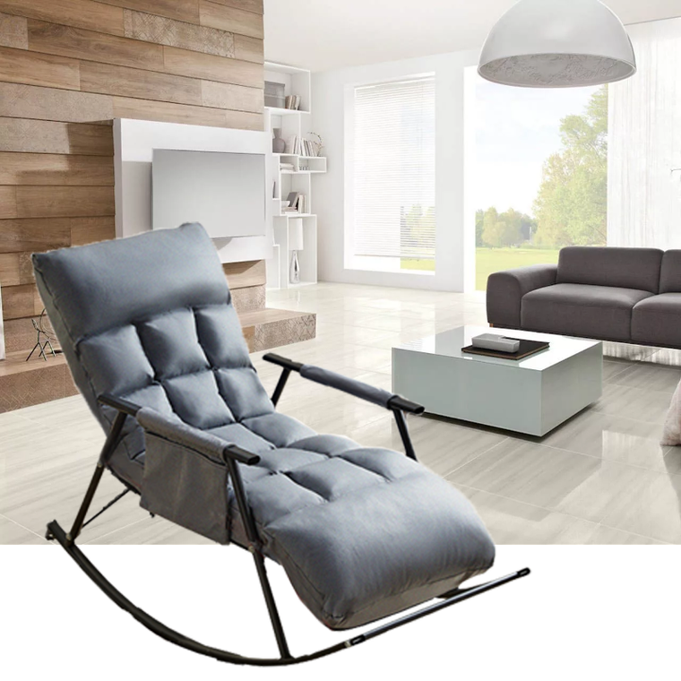 Pojedynczy fotel bujany z czarną metalową podstawą, szary