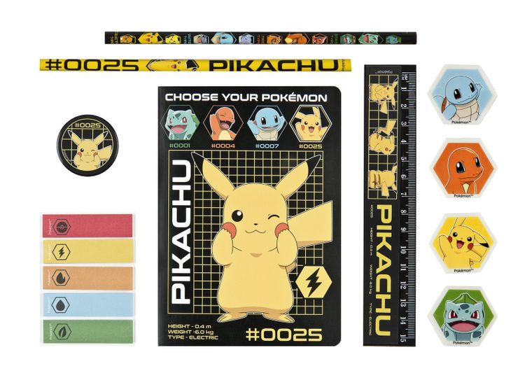 Pokemon, mini zestaw szkolny w saszetce z notatnikiem, linijką, ołówkami, gumkami, 10 elementów