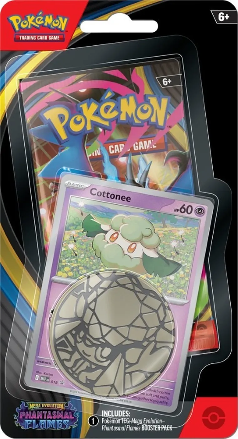 Pokemon TCG: Mega Evolution, Phantasmal Flames, Checklane Blister, Cottonee/Whimsicott, gra karciana, dodatek