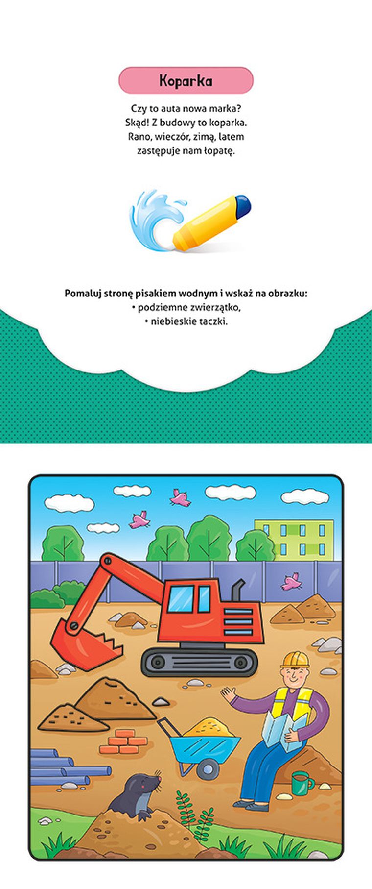 Pokoloruj i znajdź. Na budowie. Malowanka z pisakiem wodnym
