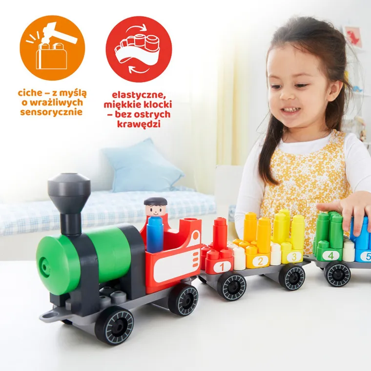 PolyM, Tęczowy pociąg do liczenia, klocki konstrukcyjne, 63 elementów