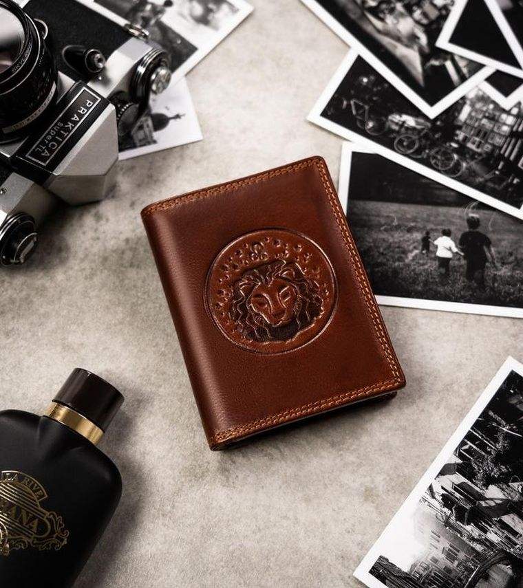Portfel, brązowy, skórzany, lew, Peterson