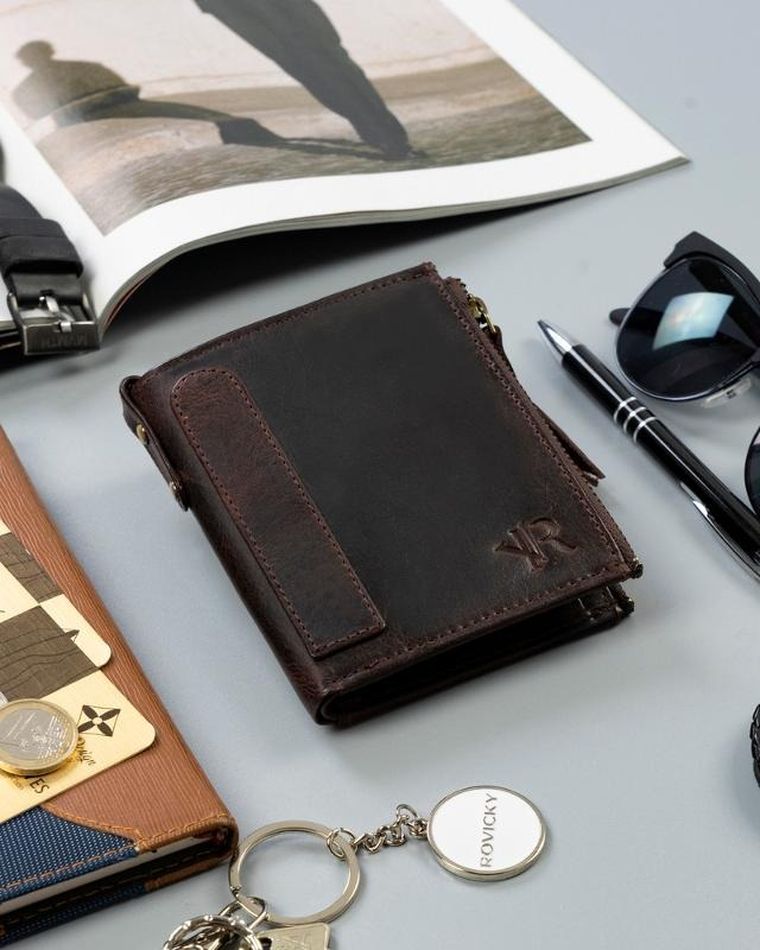 Portfel, brązowy, skórzany, RFID, Rovicky