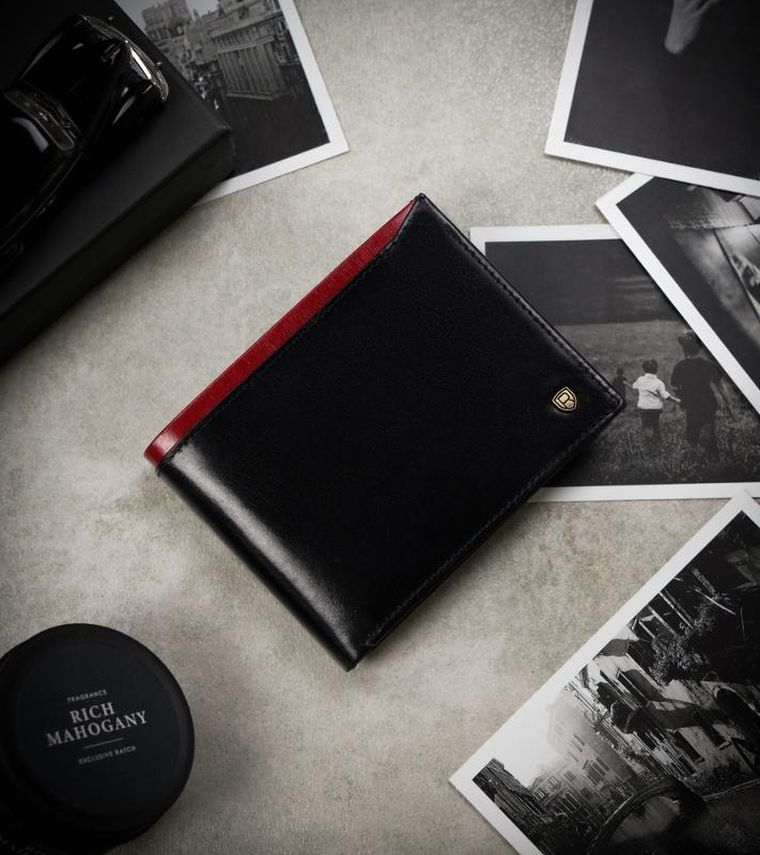 Portfel, czarno-czerwony, skórzany, RFID, Rovicky