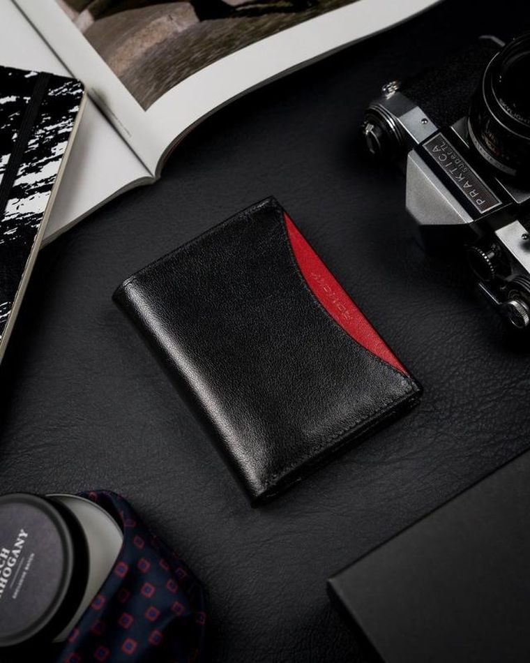 Portfel, czarno-czerwony, skórzany, RFID, Rovicky