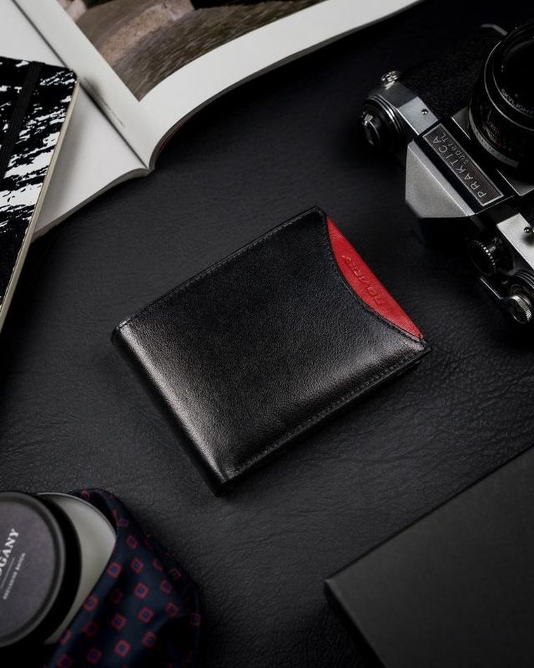 Portfel, czarno-czerwony, skórzany, RFID, Rovicky