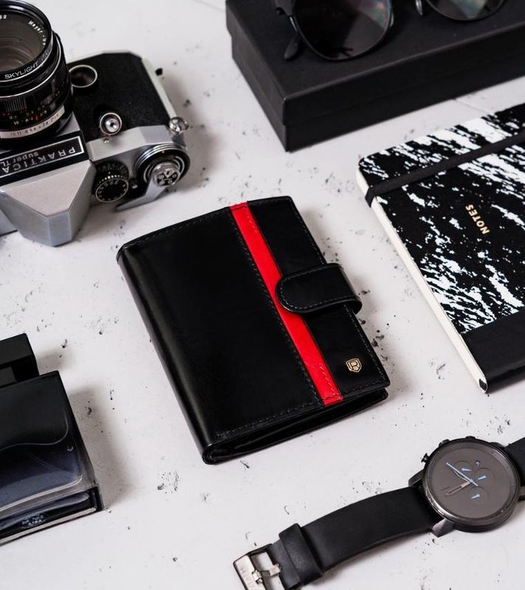 Portfel, czarno-czerwony, skórzany, RFID, Rovicky