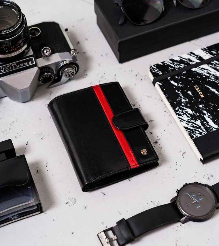 Portfel, czarno-czerwony, skórzany, RFID, Rovicky